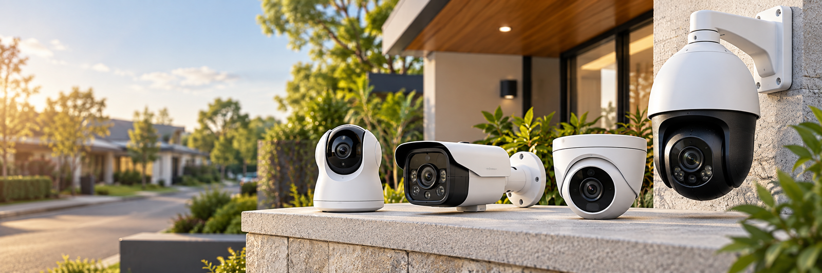 Indoor, bullet, turret and street security cameras displayed together