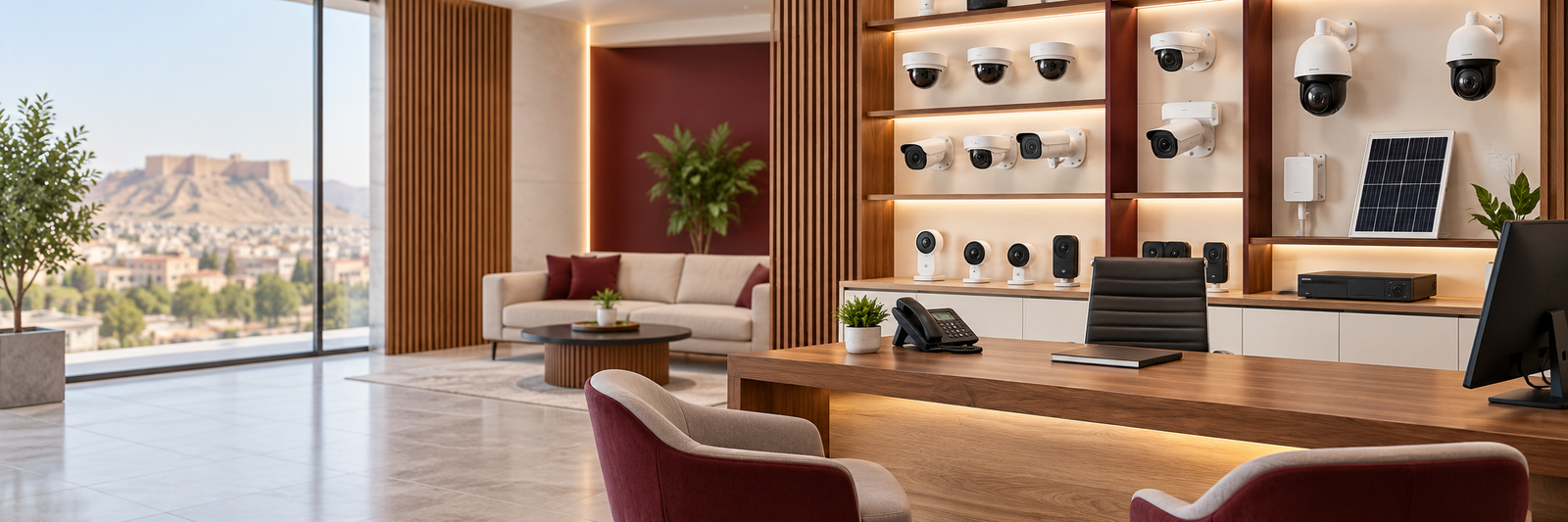 Welcoming security camera showroom with a consultation desk and telephone