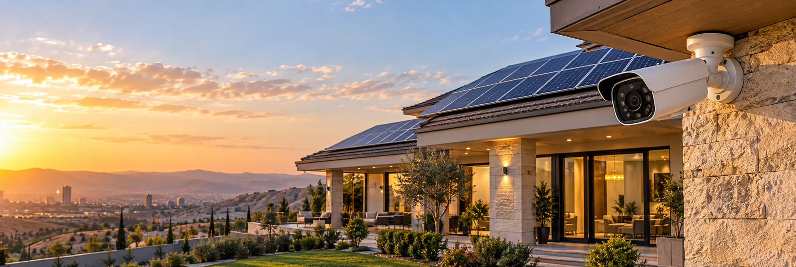 Modern home with an outdoor security camera and rooftop solar panels