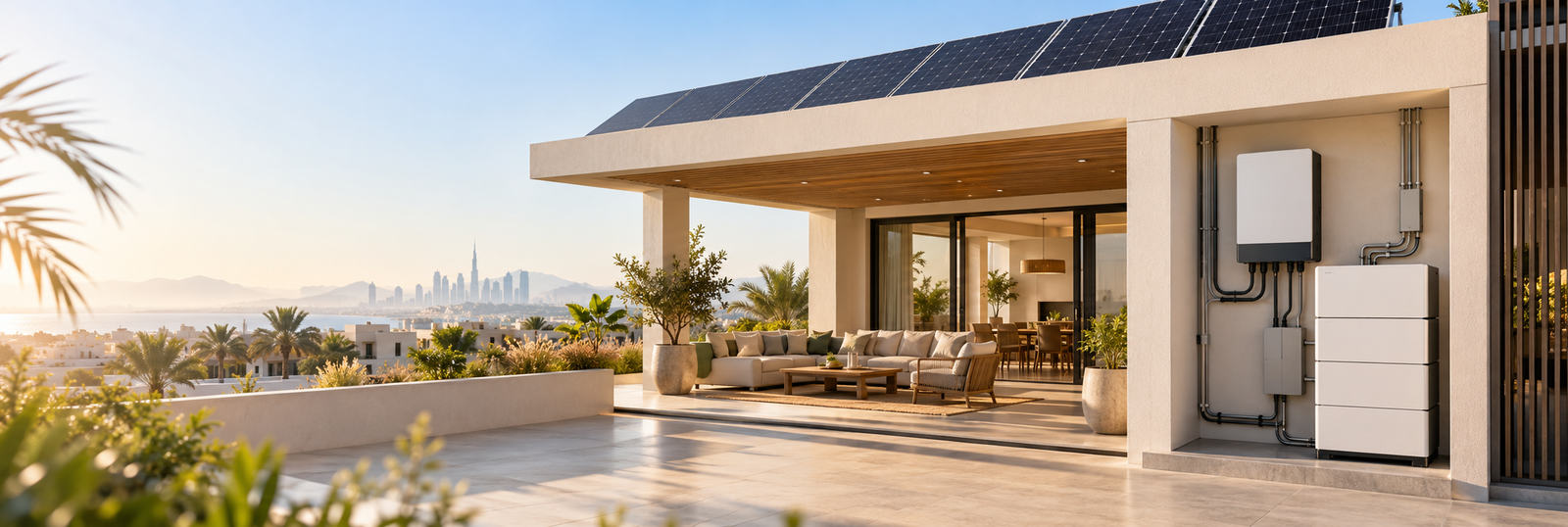 Rooftop solar panels with a sheltered inverter and battery storage installation